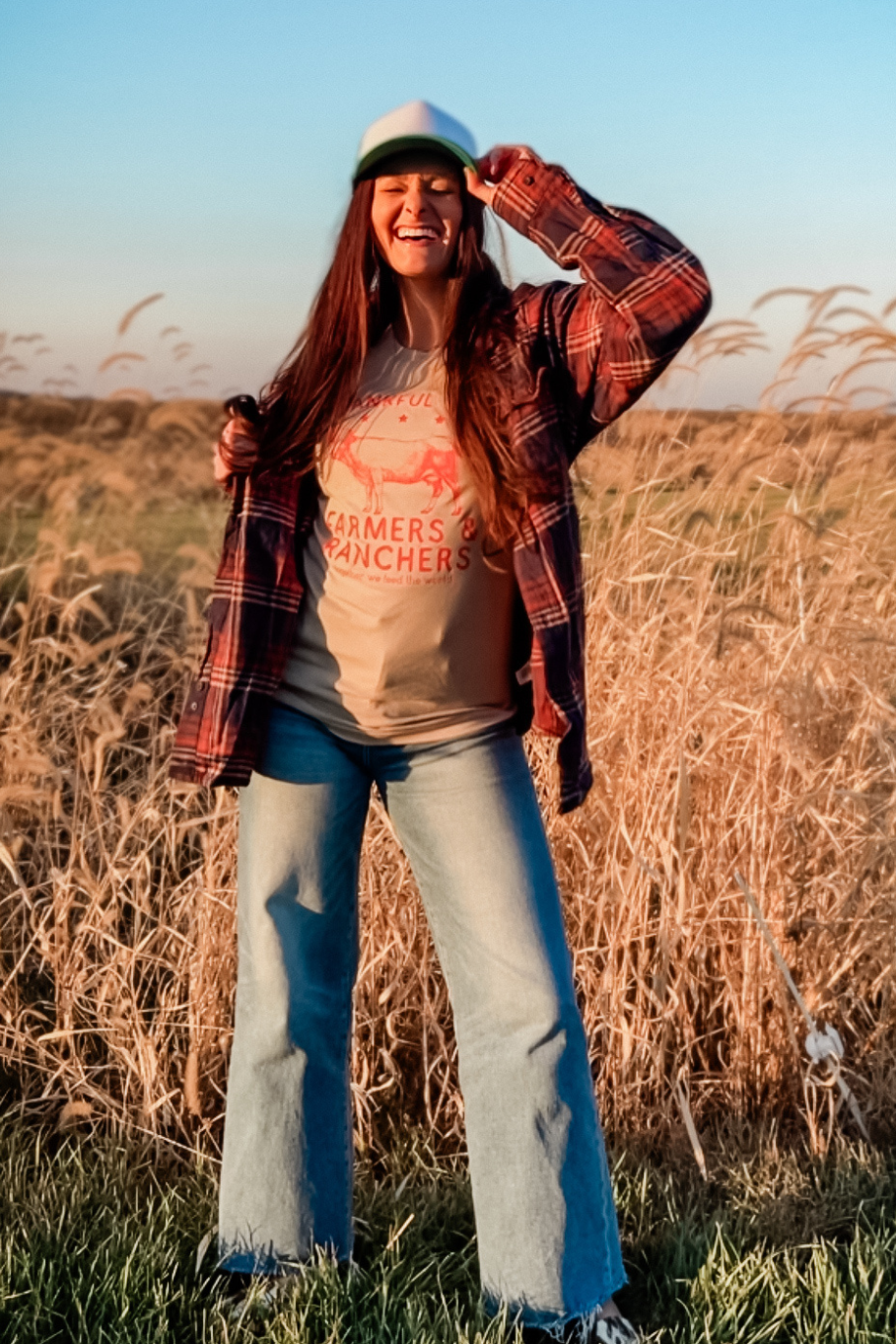 Thankful For Farmers And Ranchers Graphic Tee in Heather Tan | Sizes S - 3XL