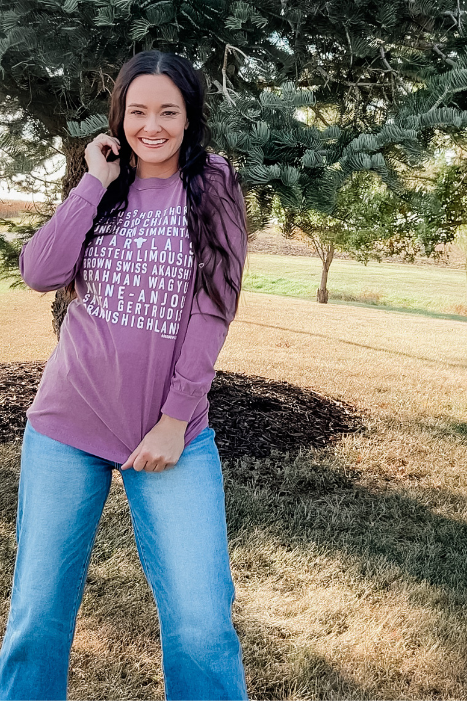 Cattle Breeds Long Sleeve Tee in Berry | Size S - 3XL