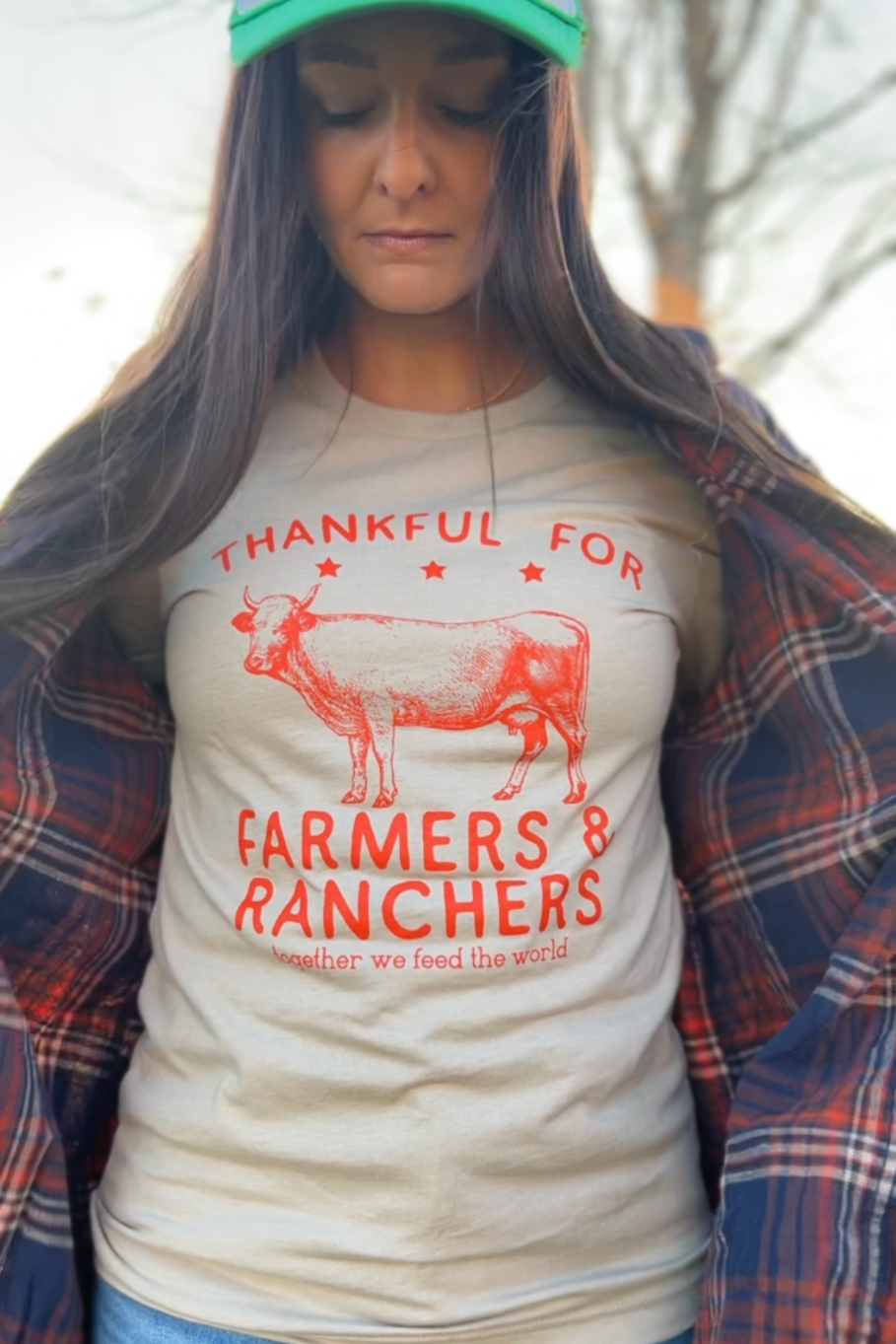 Thankful For Farmers And Ranchers Graphic Tee in Heather Tan | Sizes S - 3XL