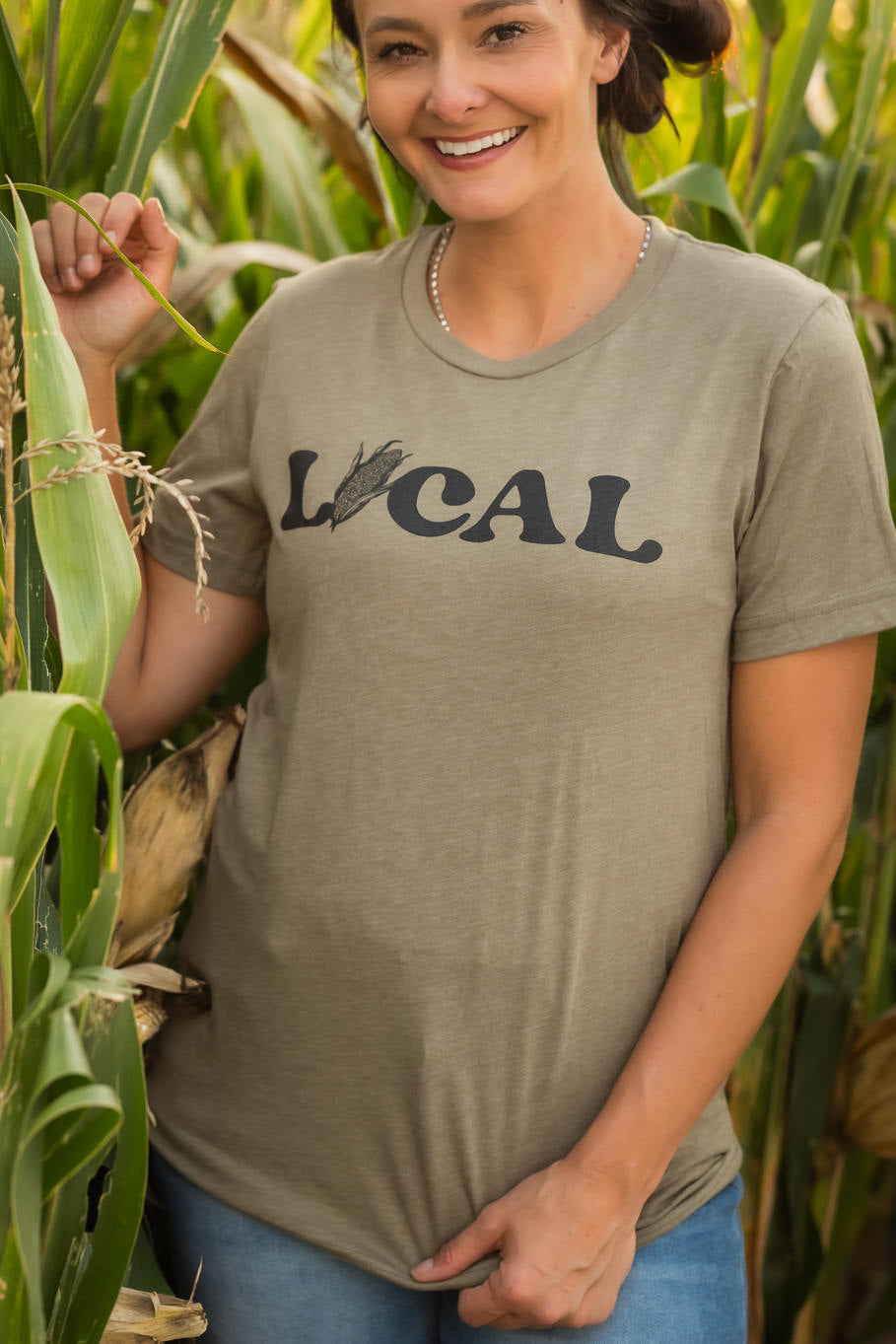 Local Corn Graphic Tee in Heather Olive | Sizes S - 3XL - Rosebud&#39;s Tees