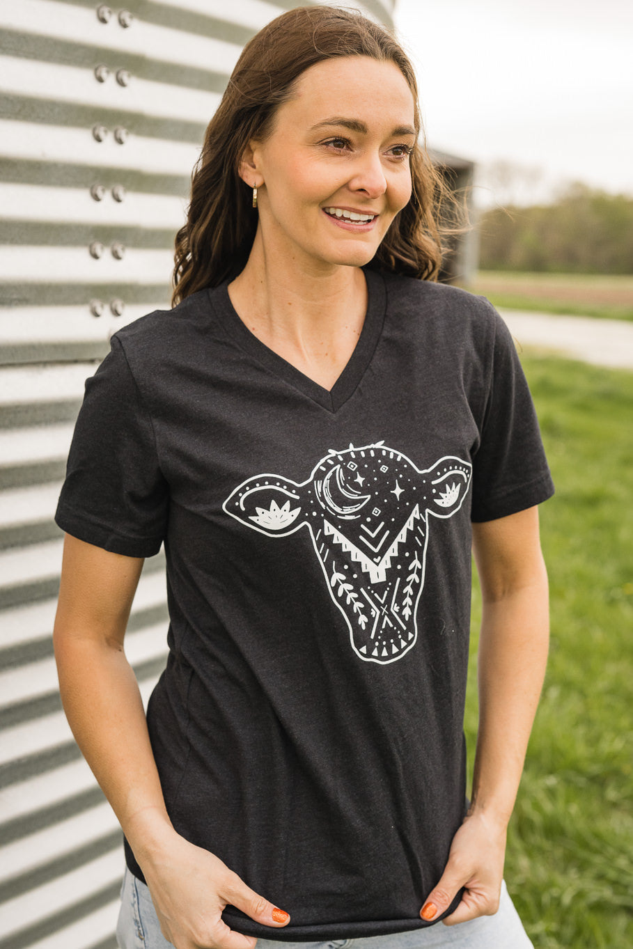 Midnight Heifer V-Neck Graphic Tee in Black | Sizes Adult S - 3XL