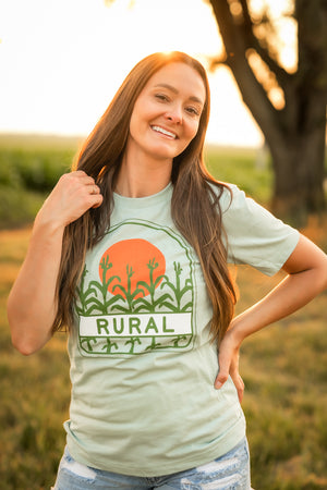 Retro Rural Graphic Tee in Dusty Blue | Sizes S - 3XL
